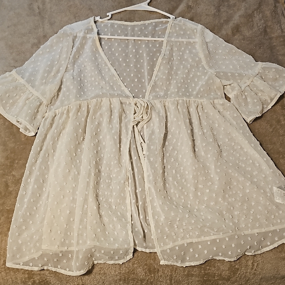 Sheer Swiss Dot Tie-Front Babydoll Top - Cream